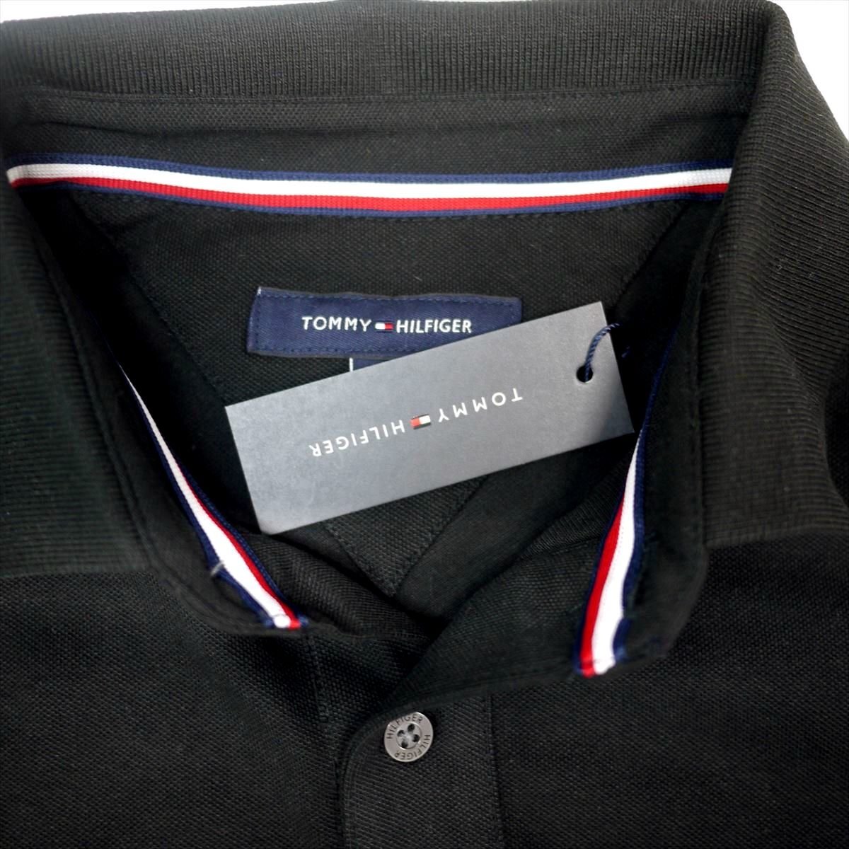  new goods Tommy Hilfiger embroidery Logo stretch polo-shirt (XL) black black Golf also!TOMMY HILFIGER USA model /ba20