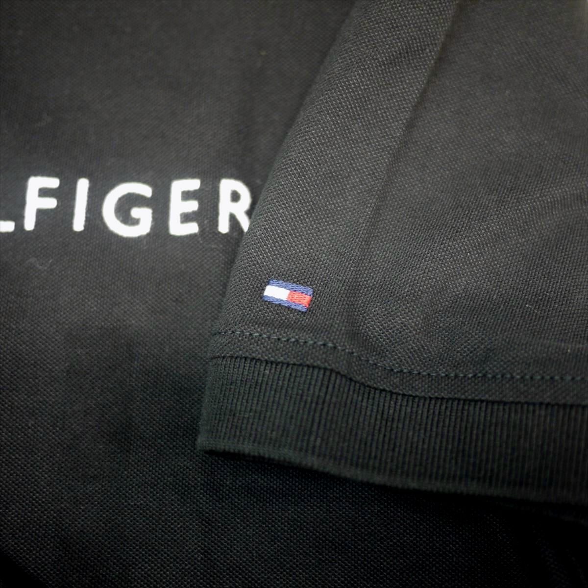  new goods Tommy Hilfiger embroidery Logo stretch polo-shirt (XL) black black Golf also!TOMMY HILFIGER USA model /ba20