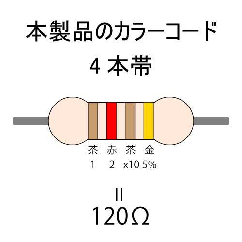 カーボン抵抗【炭素被膜抵抗】 120Ω (1/2Ｗ ±5%) 10本　〒84～　#04G4_カラーコード