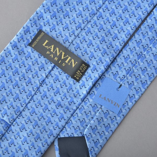 未使用 ランバン ネクタイ 幾何学模様 シルク ライトブルー 水色 総柄 タグ付き フランス製 ビジネス 紳士 スーツ LANVIN ブランド ※N101_画像7