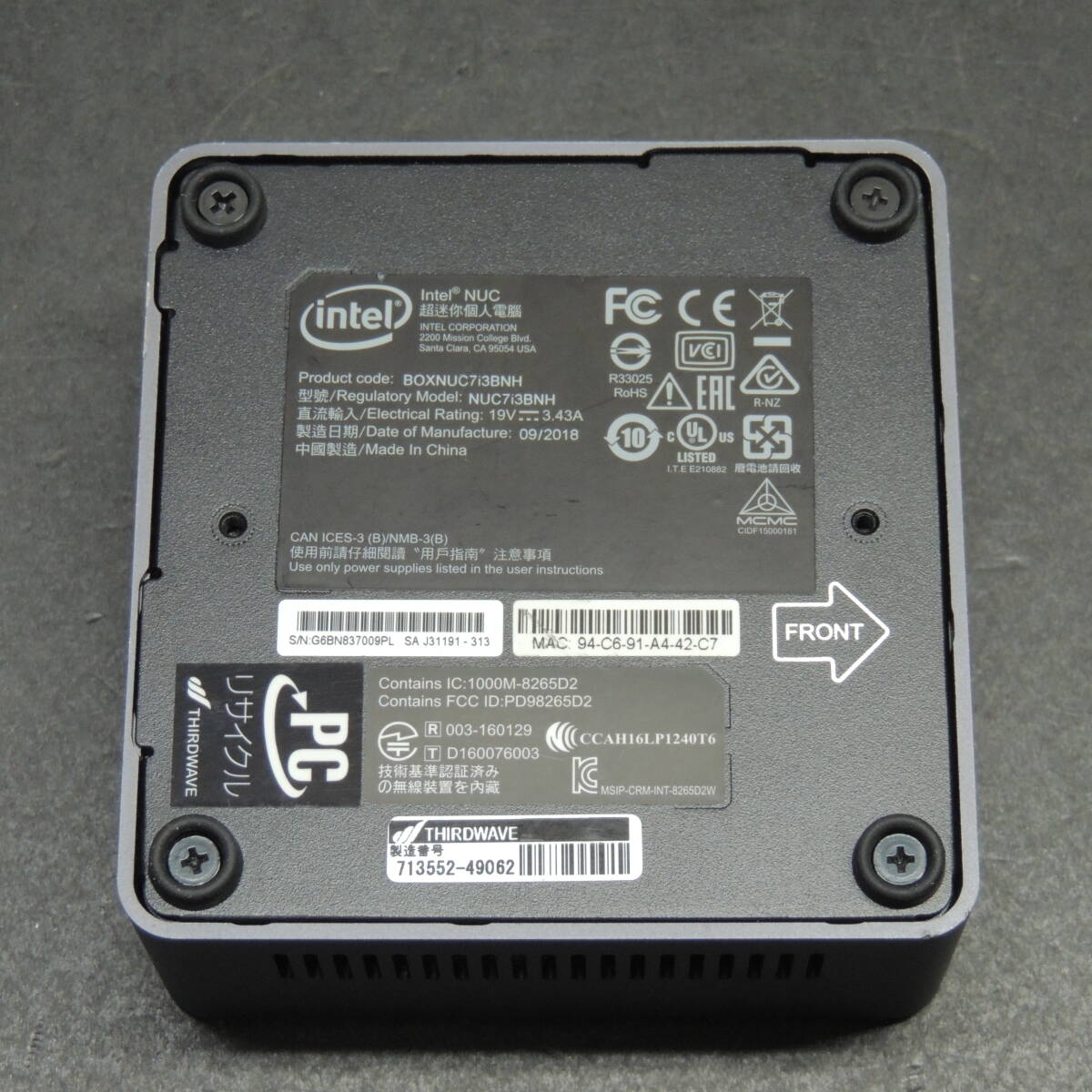 INTEL NUC corei3-7100U SSD 480GB メモリ8GB NUC7i3BNH 管理:e-29の画像5