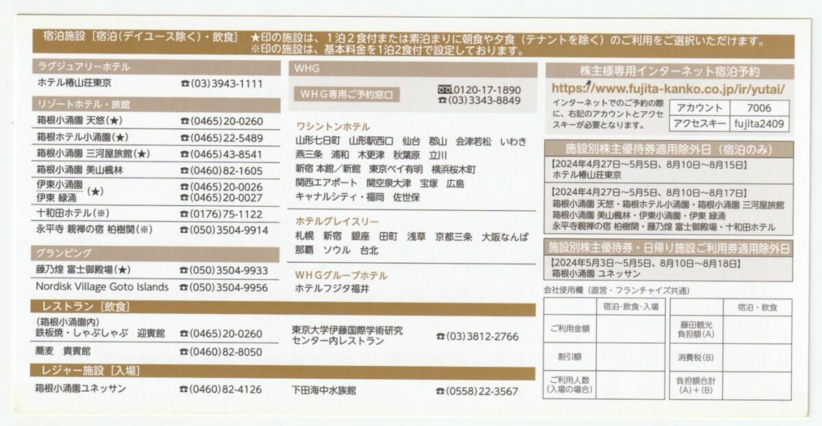 即決！藤田観光　株主優待券　10枚セット　宿泊50%引き 飲食20%引き レジャー施設入場50%引き 椿山荘 箱根小涌園　複数あり_画像2