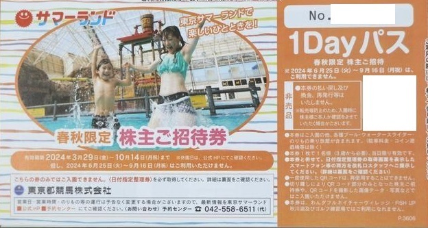 即決！サマーランド 春秋限定 株主ご招待券 東京都競馬 株主優待券 １Dayパス 1枚/2枚/3枚/4枚/5枚/6枚/7枚/8枚 プール 入場 フリーパスの画像1