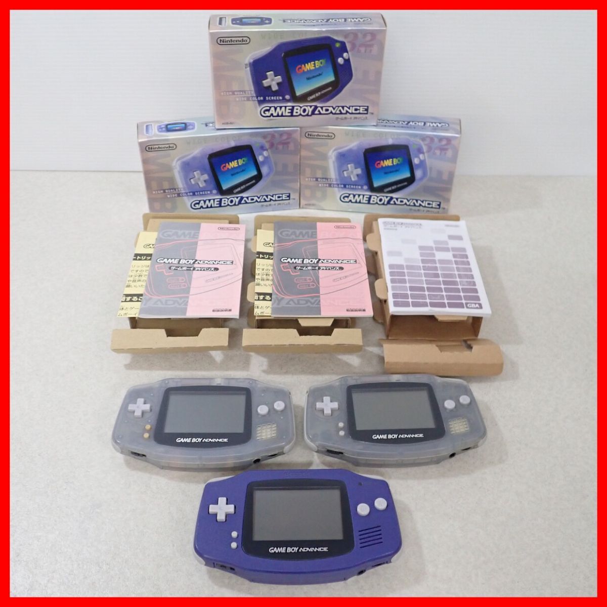 動作品 GBA ゲームボーイアドバンス 本体 AGB-001 ミルキーブルー/パープル まとめて3台セット Nintendo 箱説付【10の画像1