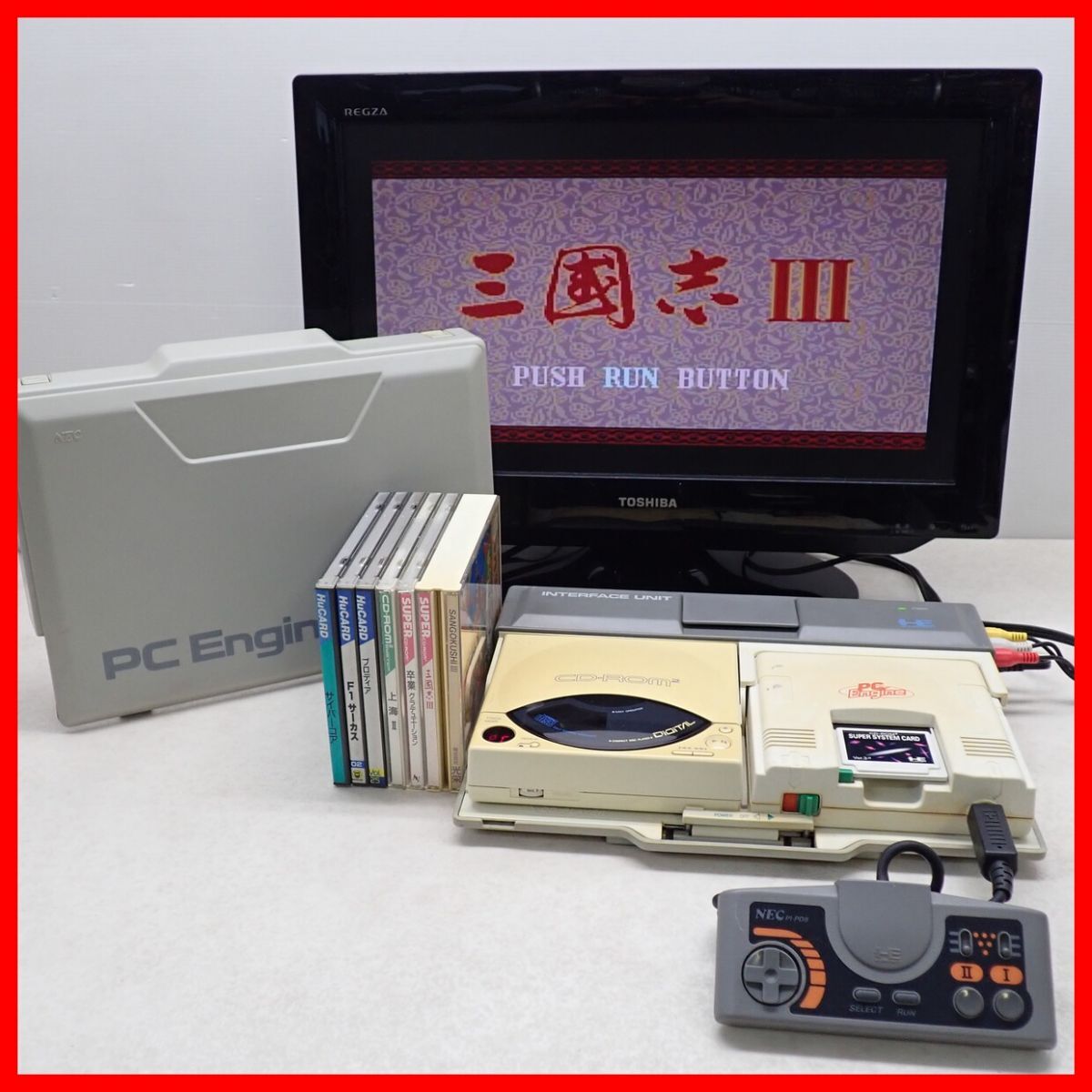 動作品 PCE PCエンジン 本体 + CD-ROM2 + インターフェースユニット + スーパーシステムカード Ver.3.0 + ソフト6本 まとめてセット【20の画像3