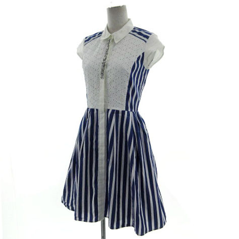  Chesty Chesty One-piece shirt One-piece biju- race switch . short sleeves midi height cotton stripe blue blue white 1