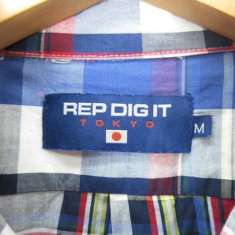 レップ ディグ イット REP DIG IT TOKYO 胸 刺繍 サイドジップ オーバーサイズ チェックシャツ 長袖 青 ベース M メンズの画像3