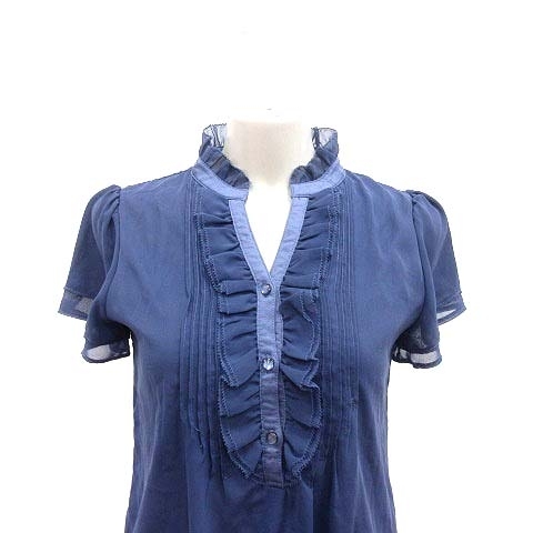  Rope ROPE blouse shirt frill short sleeves M navy blue navy /YK lady's 