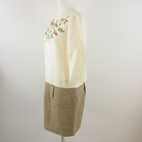 Chesty Chesty knees height One-piece 7 minute sleeve I line tweed embroidery eggshell white white beige 1 *E441 lady's 