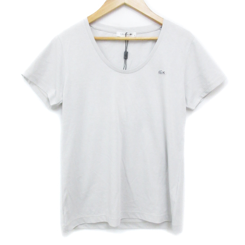 未使用品 ラコステ LACOSTE Tシャツ カットソー 半袖 Uネック ロゴ刺? 36 ライトグレー /FF43 レディース_画像1