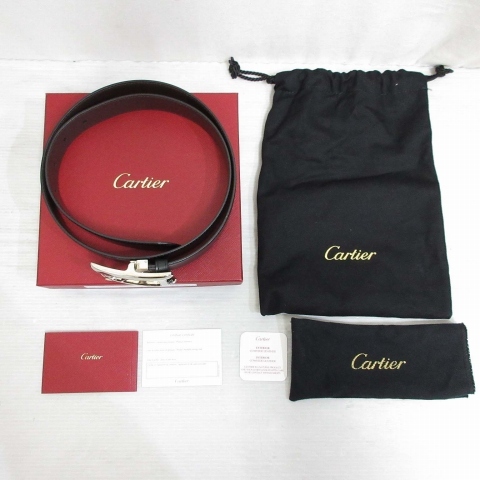 未使用品 カルティエ Cartier タンク アメリカン レザー ベルト リバーシブル 黒 茶 シルバー色バックル L5000058 メンズの画像2