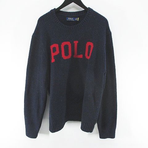 ポロ ラルフローレン POLO RALPH LAUREN 長袖 ニット セーター XXL 紺系 ネイビー ロゴ 文字 リブ 毛 ウール メンズ_画像1