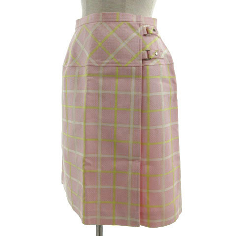 クレージュ courreges スカート 台形 ラップスカート ミディ丈 日本製 コットン混 格子柄 ピンク 黄色 白 67-93_画像6