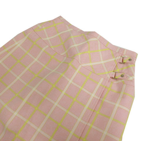 クレージュ courreges スカート 台形 ラップスカート ミディ丈 日本製 コットン混 格子柄 ピンク 黄色 白 67-93_画像4