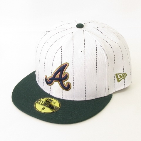 ニューエラ NEW ERA 美品 59FIFTY MLB アトランタ・ブレーブス キャップ 30TH ストライプ グリーン ホワイト 8 63.5cm メンズ_画像1