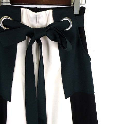 エイミーロウ Eimee Law スカート ロングスカート ソフト ボンディング 変形 配色 ハトメ リング ウエスト リボン M 38 黒 オフ白 緑_画像3