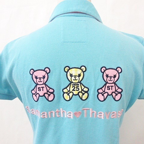 サマンサタバサ Samantha Thavasa UNDER25 ゴルフ ウエア ポロシャツ 半袖 ロゴ プリント 刺繍 アップリケ クマ ブルー ピンク 白 黄 M_画像7