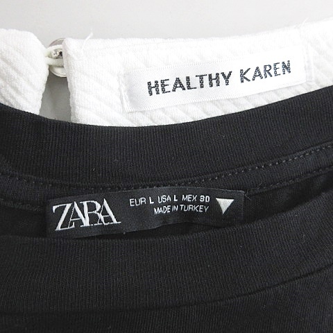 ザラ ZARA HEALTHY KAREN カットソー 2枚セット プルオーバー フレンチスリーブ フリル クルーネック 半袖 別布 黒 白 L レディース_画像3