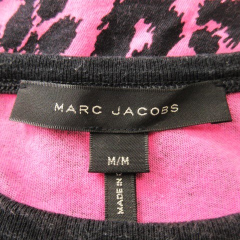 マークジェイコブス MARC JACOBS Tシャツ カットソー ラウンドネック 半袖 ボーダー ヒョウ柄 レオパード 総柄 ドットロゴ M ピンク 黒_画像6