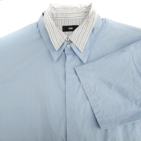 ハレ HARE カジュアルシャツ 五分袖 ストライプ柄 レイヤード風 F 青 ブルー /SM31 メンズ_画像3