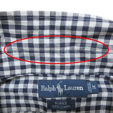 ラルフローレン RALPH LAUREN ボタンダウン シャツ 長袖 ギンガムチェック リネン100% ヴィンテージ BLAKE オーバーサイズ M 紺 白 ■GY14_画像6