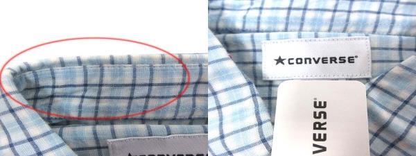 コンバース CONVERSE シャツ ボタンフライ チェック 半袖 麻混 リネン混 M 水色 ライトブルー /YK メンズ_画像5