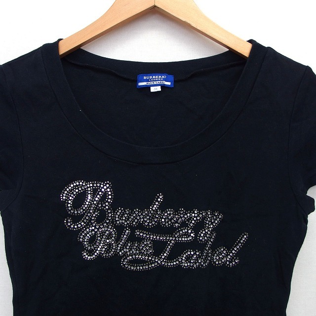 バーバリーブルーレーベル BURBERRY BLUE LABEL 国内正規品 Tシャツ カットソー 英字 ビジュー装飾 半袖 丸首 綿 38 黒 /HT14 レディース_画像4