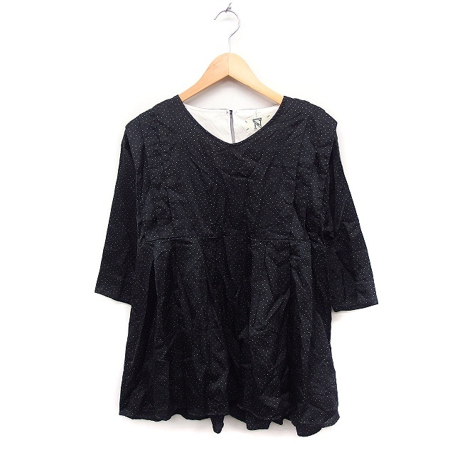 a-ruene-enRNA-N dot pattern blouse 7 minute sleeve V neck flair silk .M black black /FT19 lady's 