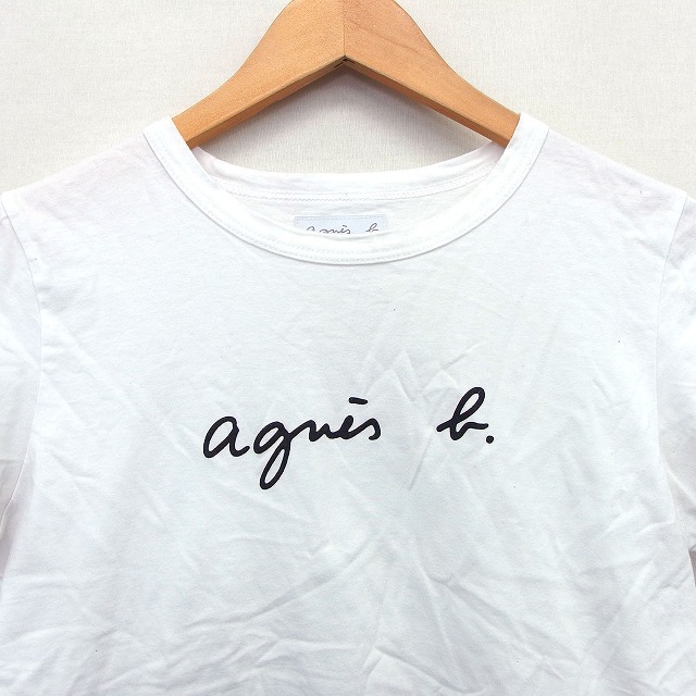 アニエスベー agnes b. Tシャツ カットソー ロゴ プリント 切替リブ 半袖 丸首 コットン 綿 2 ホワイト 白 /HT7 レディース_画像5