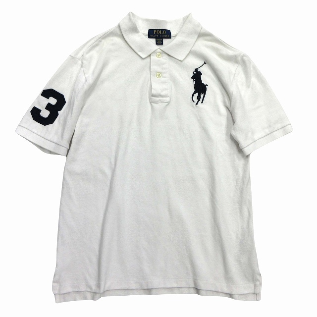 ポロ ラルフローレン POLO RALPH LAUREN ビッグポニー 刺しゅう ポロシャツ M (10-12) 150/76 白 ネイビー 紺 レディース キッズ ♪１_画像1