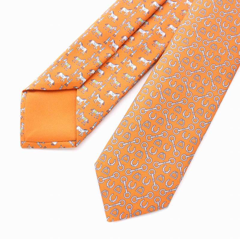 エルメス HERMES Double 6 Horse Robot & Lucky Charms tie ネクタイ リバーシブル シルク100％ 総柄 オレンジ /YM ■OH メンズ_画像4