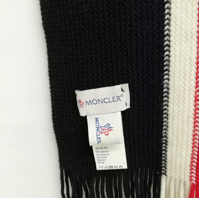 モンクレール MONCLER トリコロール ストライプ ロゴ ワッペン フリンジ マフラー 美品 ブラック トリコロール メンズ レディースの画像5