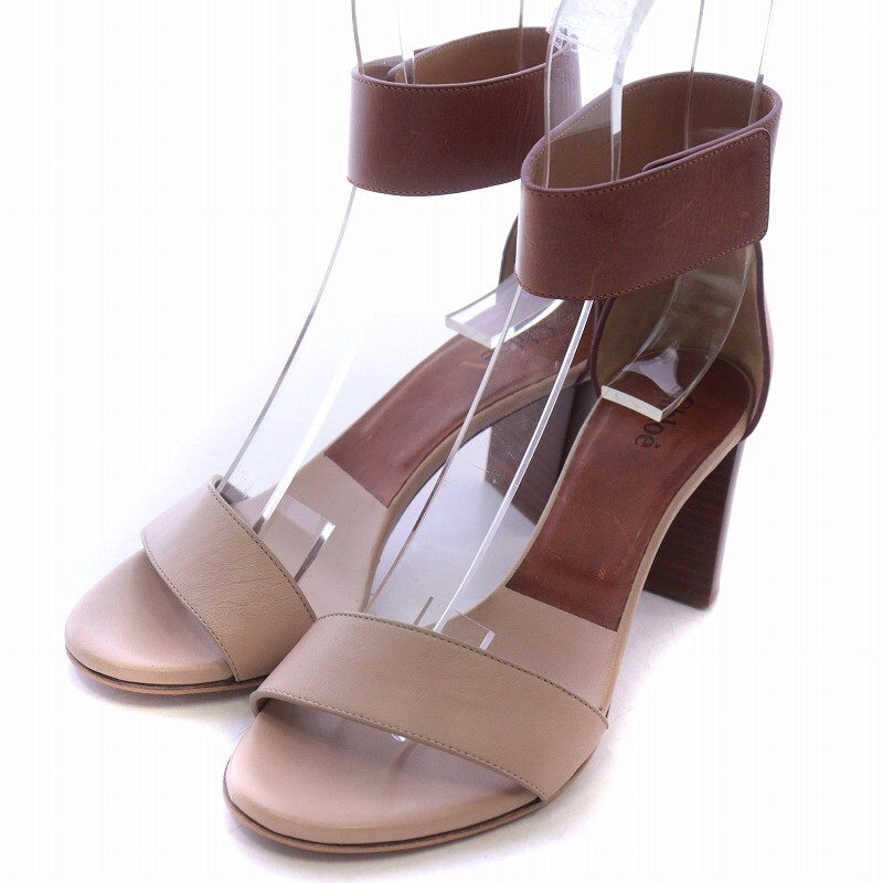  Chloe CHLOE sandals tea n key heel ankle strap leather 35 22.0cm pink beige tea Brown /AQ #GY30 lady's 