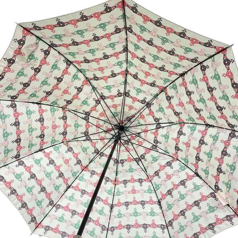 ヴィヴィアンウエストウッド Vivienne Westwood パゴタ アンブレラ 長傘 雨傘 ステッキ型 オーブ 総柄 グリーン 赤 茶 ブラウン オーロラ株の画像3