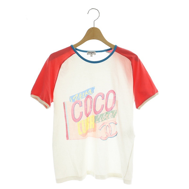 シャネル CHANEL P55 キューバ ココマーク Tシャツ 半袖 プリント S 白 ピンク ホワイト /MF ■OS レディース_画像1