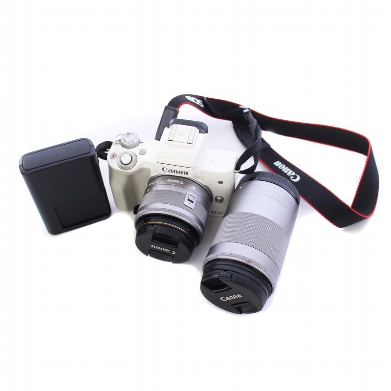 キャノン CANON EOSKiss M ダブルズームキット ミラーレス一眼カメラ 15-45mm 55-200mm 白 ホワイト グレー 2683C003