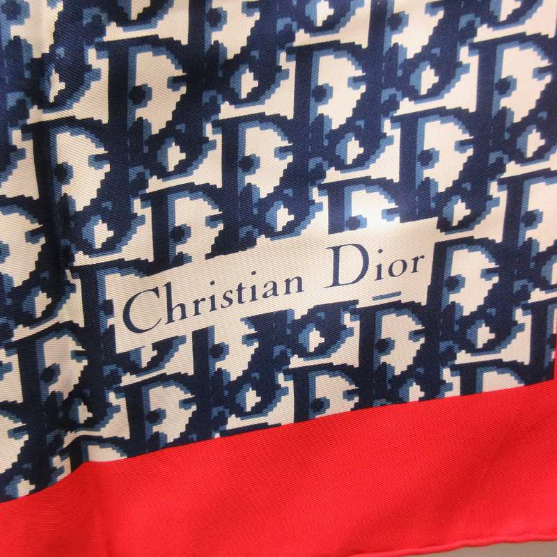 クリスチャンディオール Christian Dior トロッター スカーフ ロゴ シルク100% 紺 ネイビー 赤 レッド 0402 レディースの画像5