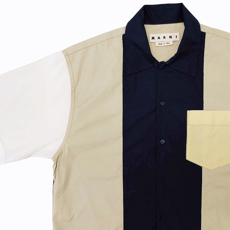 マルニ MARNI ボーリングシャツ ブロッキングオープンカラー 半袖 切替 開襟 オーバーサイズ イタリア製 白 ベージュ ネイビー 48 Mサイズの画像2