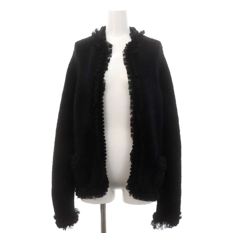  Chanel CHANEL 05A frill pompon cashmere knitted cardigan long sleeve 38 black black /MI #OS lady's 