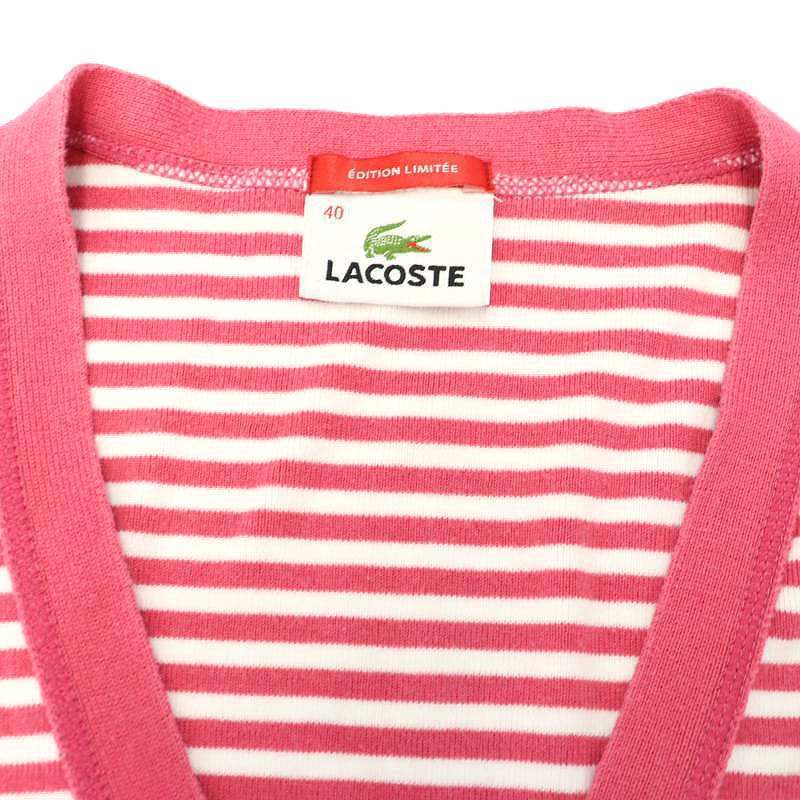 ラコステ LACOSTE ボーダー ニット カーディガン 長袖 Vネック ワッペン 40 L ピンク 白 ホワイト /AT ■OS レディース_画像3