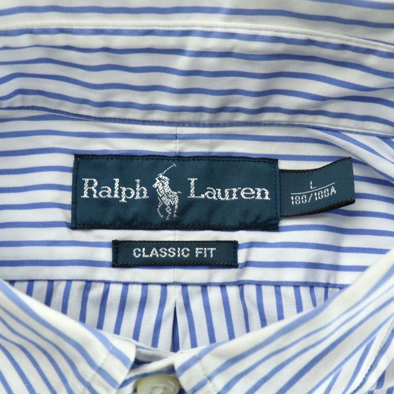 ラルフローレン RALPH LAUREN ボタンダウンシャツ 半袖 ストライプ ロゴ 刺繍 L 青 ブルー 白 ホワイト /XZ ■GY35 メンズ_画像3