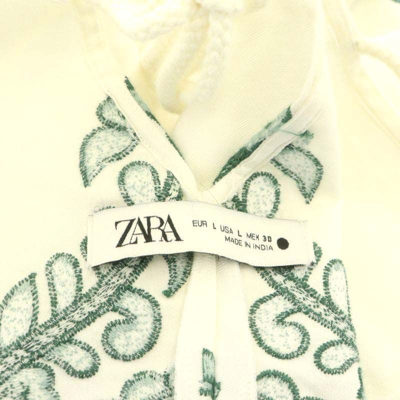 ザラ ZARA 刺繍入りミニワンピース キャミソールワンピース コットン L オフホワイト 緑 グリーン /NR ■OS レディースの画像3