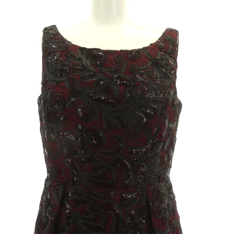 グレースクラス GRACE Class ドレス ワンピース ノースリーブ ミニ スパンコール 刺繍 チュール 36 ワインレッド 黒 ブラック_画像6
