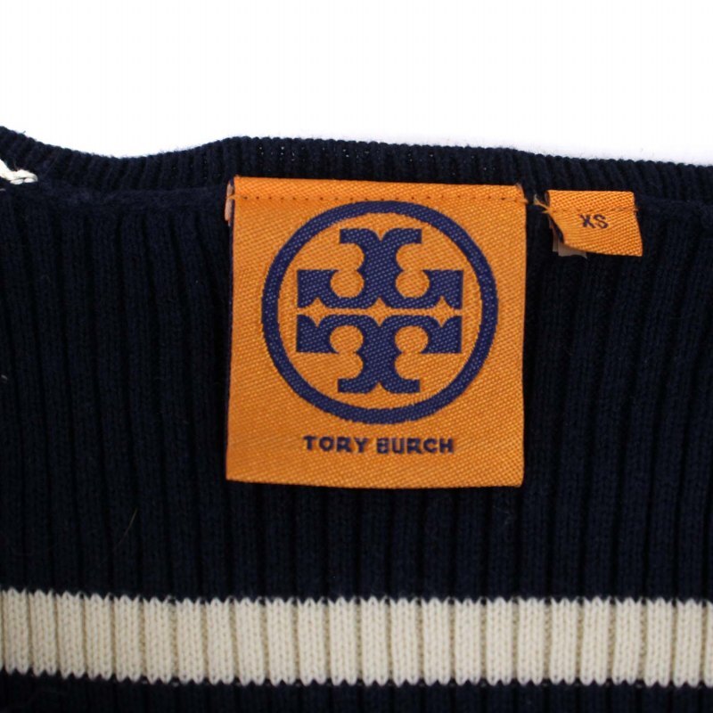 トリーバーチ TORY BURCH ニット ワンピース ひざ丈 ノースリーブ ボーダー柄 レース 刺繍 XS 白 ホワイト 紺 ネイビー /BM レディース_画像4