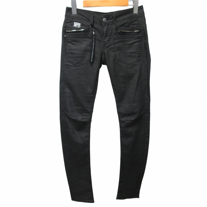 ジースターロウ G-Star RAW スキニーデニムパンツ ジーンズ レザーパッチ 黒 ブラック W25 約XSサイズ 0411 ■GY31 レディース