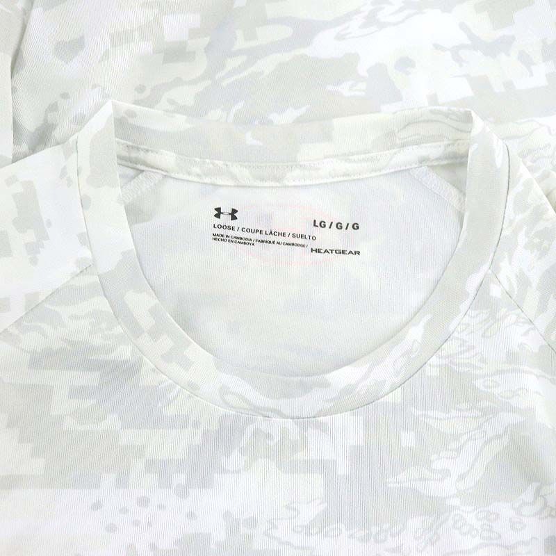 アンダーアーマー UA TECH ABC CAMO SS Tシャツ カットソー ヒートギア 半袖 総柄 ロゴプリント LG ライトグレー オレンジ メンズの画像3