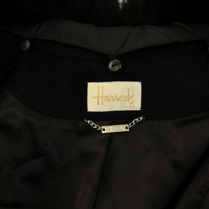 ハロッズ Harrods ステンカラーコート ロング丈 タック シングル フォックスファー アンゴラ ウール混 F 黒 ブラック /BB レディースの画像4