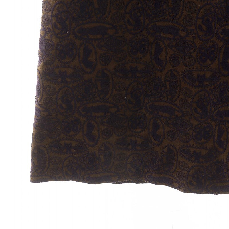 ミナペルホネン mina perhonen jungle relief フレアスカート ひざ丈 総柄 刺繍 ウール 36 S カーキ 紫 パープル ma5527の画像6