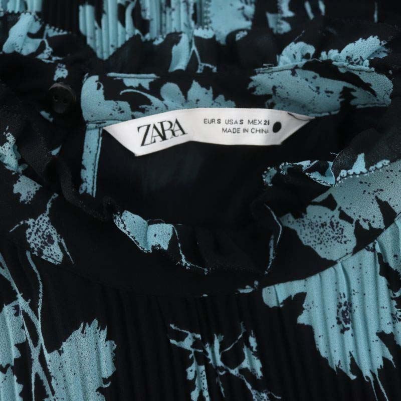 ザラ ZARA プリーツ 花柄ワンピース ロング 長袖 ベルト付き S 黒 水色 ブラック ライトブルー /HK ■OS レディースの画像3
