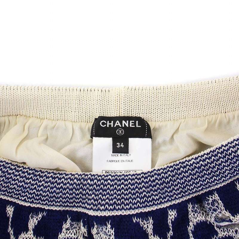  Chanel CHANEL 20P flower here Mark wide pants knitted Easy total pattern 34 XS navy blue navy P63302K48842 /KH lady's 